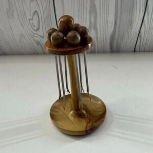 Vintage MCM Wood Carousel w/ 6 Round Appetizer Cocktail Skewers Forks